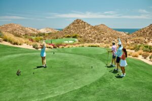 El Dorado golf tee with desert hills and ocean views