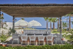 El Puesto sushi bar under a reed palapa facing the Sea of Cortez at Four Seasons Costa Palmas