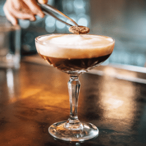 Coupe cocktail finished with a garnish at the bar