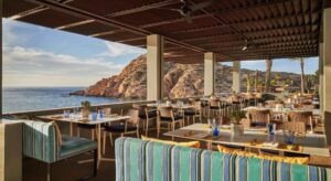 Marea beachfront dining terrace by day on Santa Maria Bay at Montage Los Cabos
