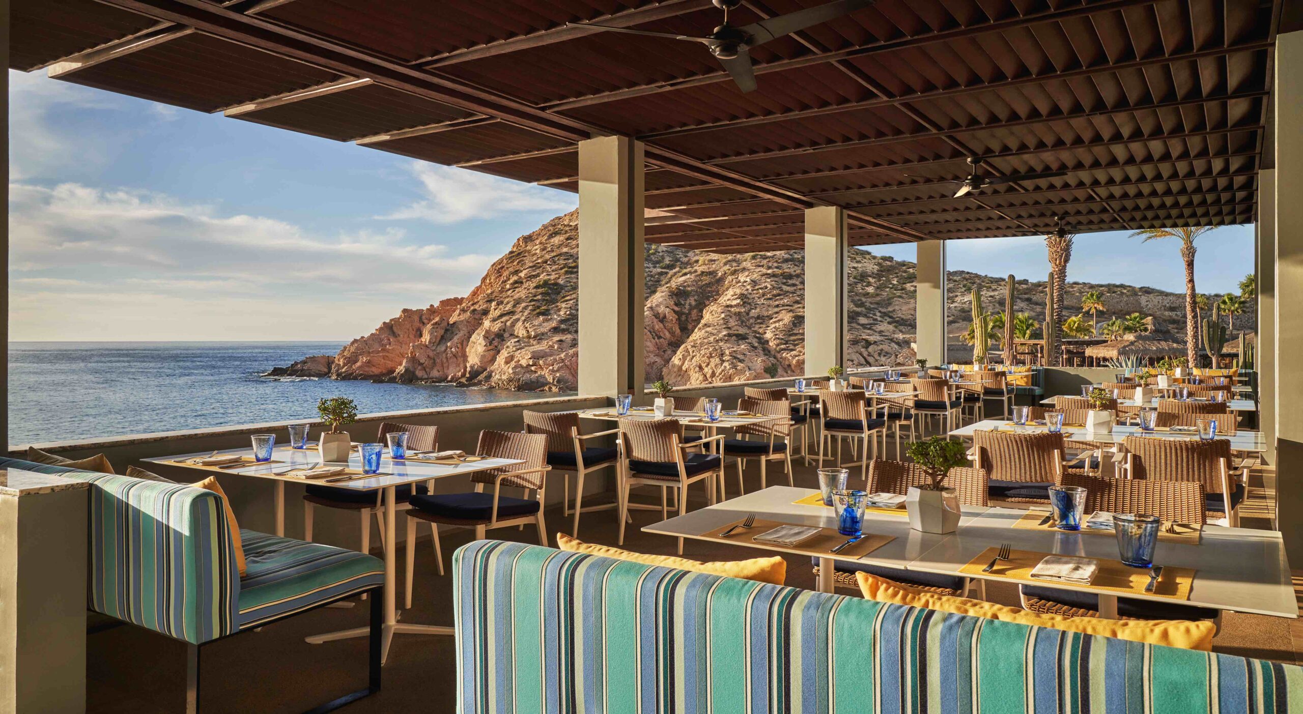 Marea beachfront dining terrace by day on Santa Maria Bay at Montage Los Cabos