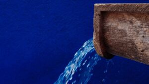 Courtyard water spout against a cobalt-blue wall, a garden detail of the dining space