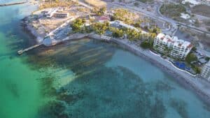 Aerial view of Playa La Concha in La Paz: a small cove with a reef near the shore, a pier and a hotel among palms
