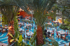 Overhead view of the palm-filled courtyard dining room with blue-tiled floor at Tres Sirenas, Cabo San Lucas