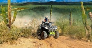 ATV rider following the Tierra Sagrada desert circuit among cardon cacti