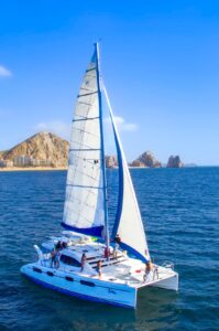 Cabo Adventures sailing catamaran viewed from above on the Sea of Cortez