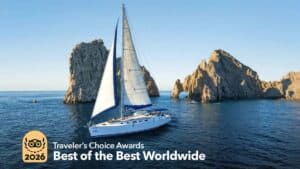 Cabo Adventures sailboat crossing the Sea of Cortez near the Arch