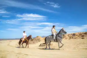 Two helmeted riders crossing the desert terrain at Cactus Tours in Los Cabos