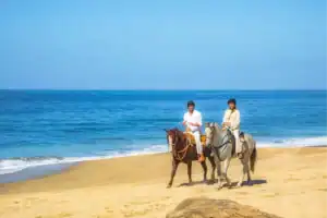 Two Cactus Tours guests riding horses beside the Pacific Ocean in Migriño