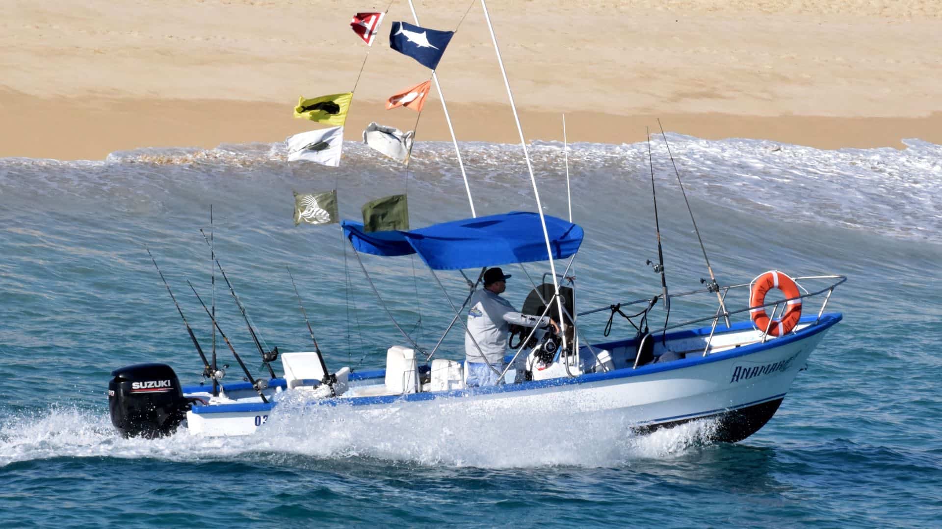 Twenty-three-foot fishing panga underway along the Cabo coastline