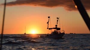 Silhouette of the Panga Anamar fishing boat at sunset off Cabo San Lucas