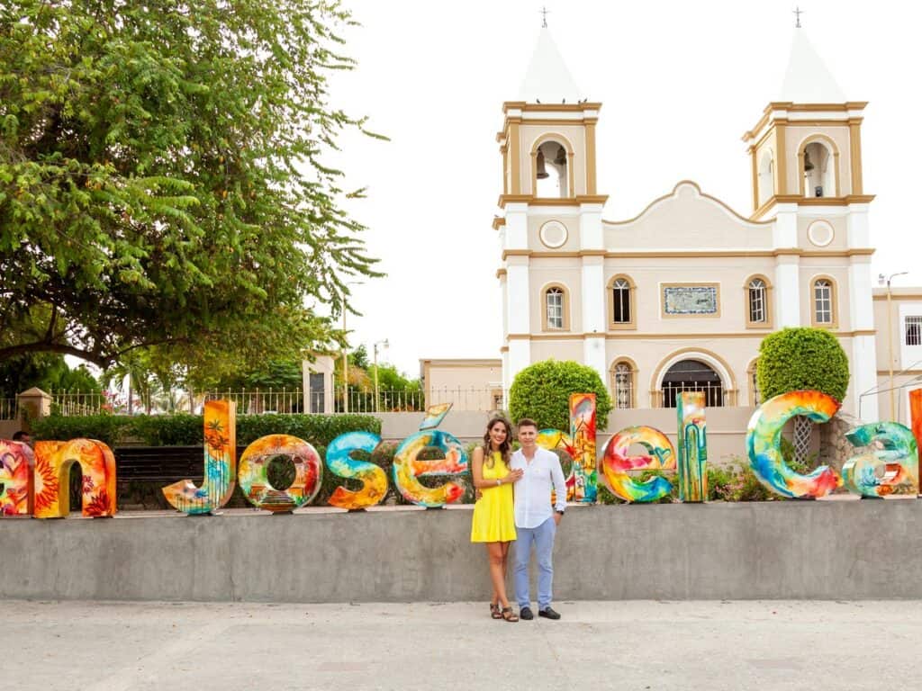 Colorful San José del Cabo letters in front of the mission church on the main plaza