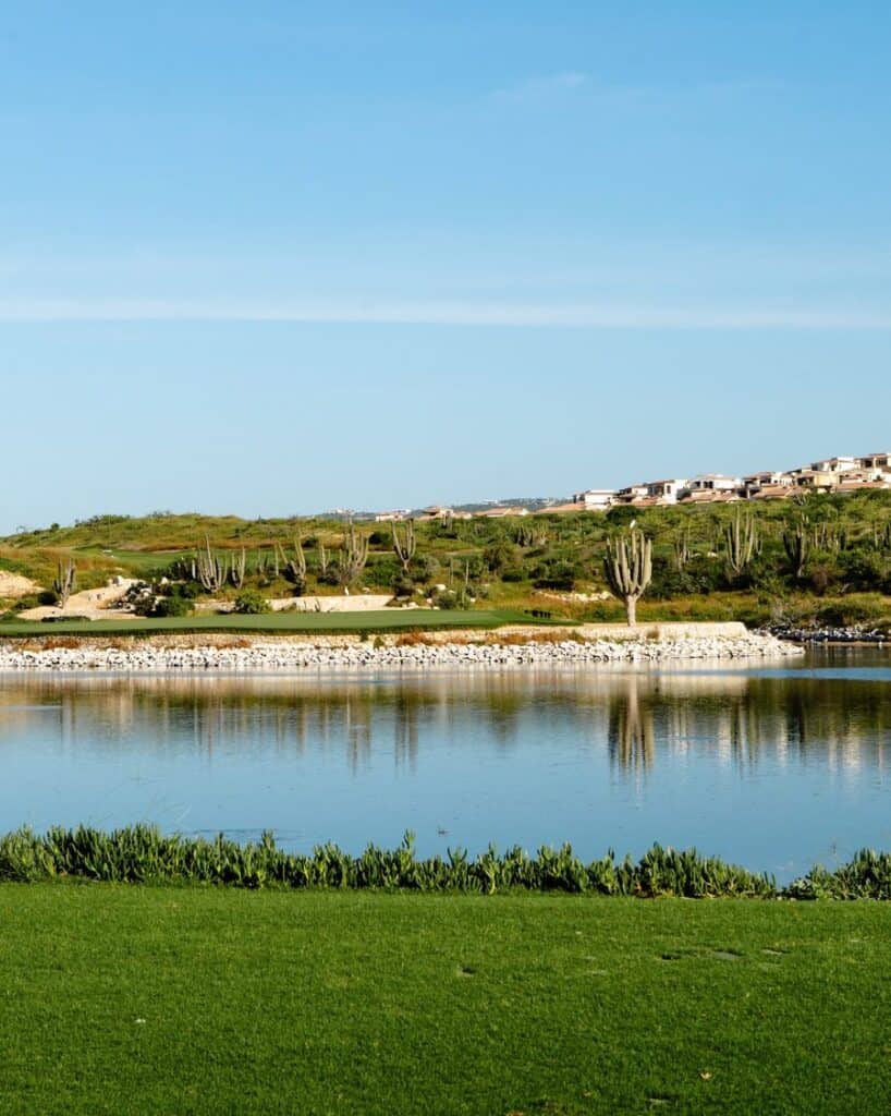 A lake and white bunkers with cardon cactus and houses along the ridge
