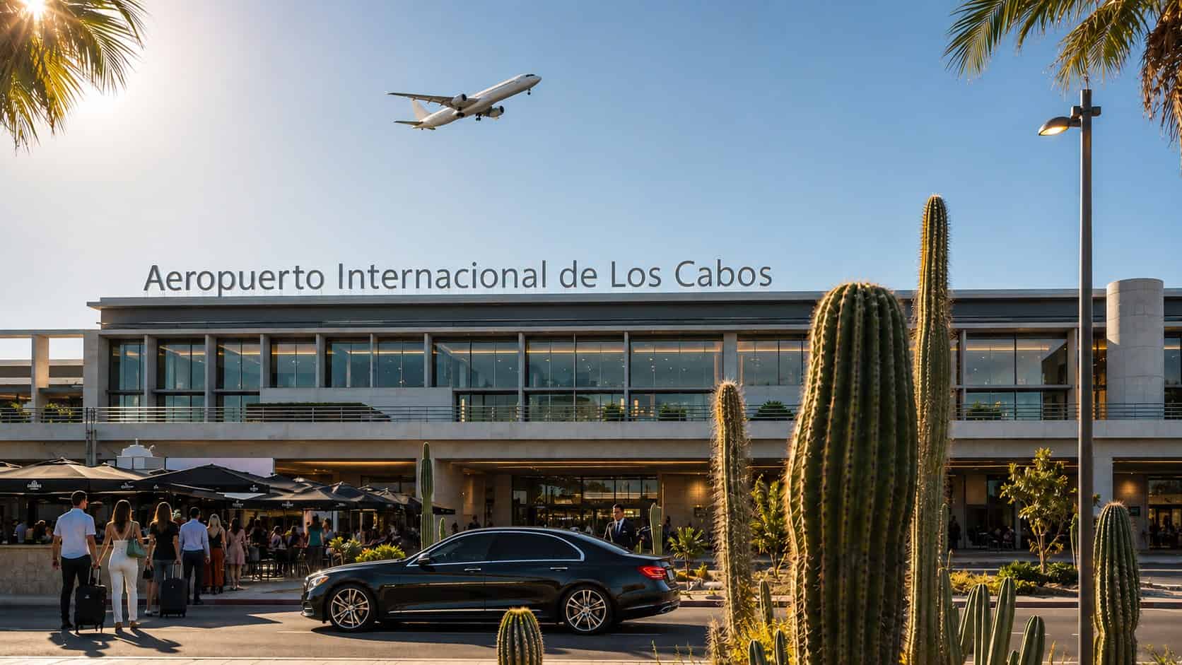 A plane on approach over Los Cabos International Airport while a private car waits at the arrivals kerb.