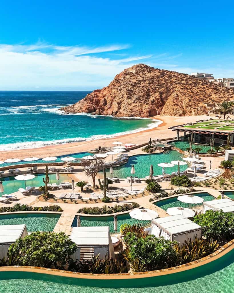 Santa Maria Bay and the pools of Montage Los Cabos seen from above