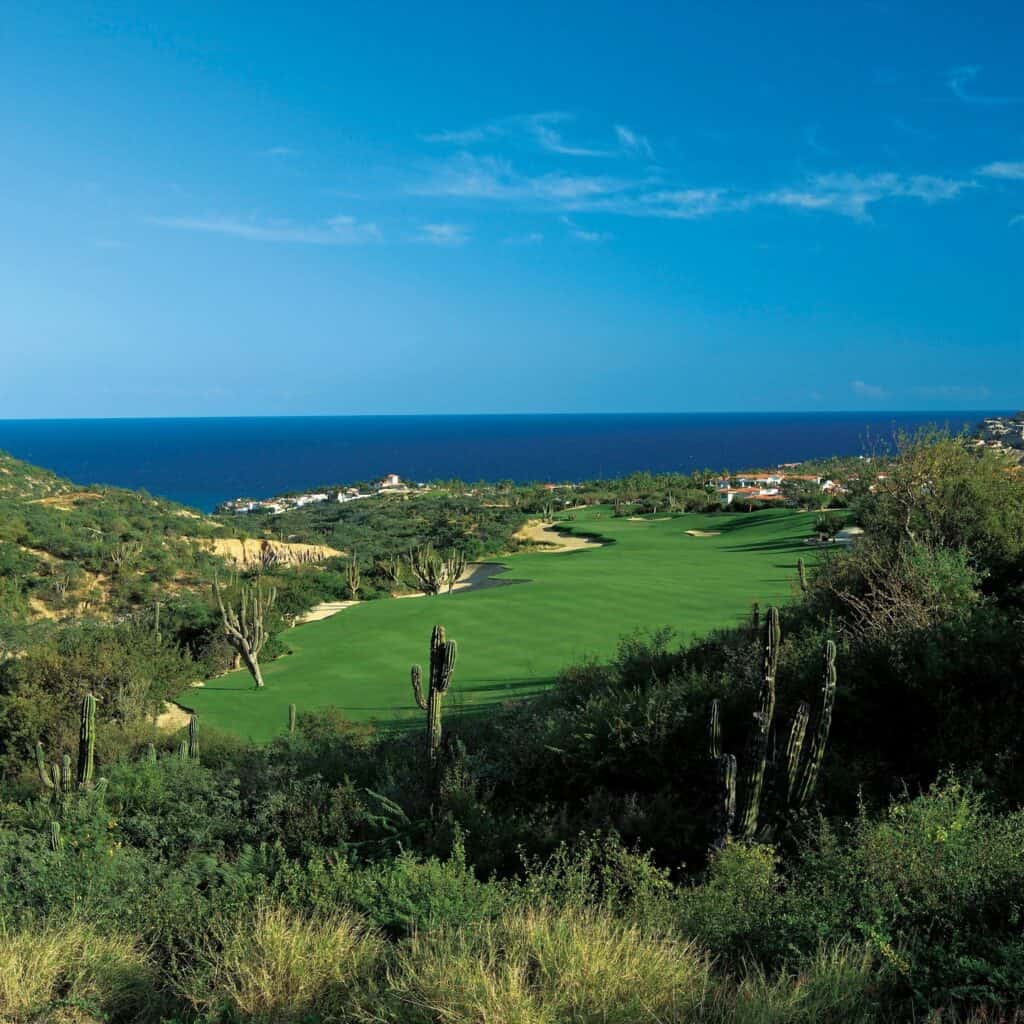 A fairway at Palmilla Golf Club running toward the Sea of Cortes