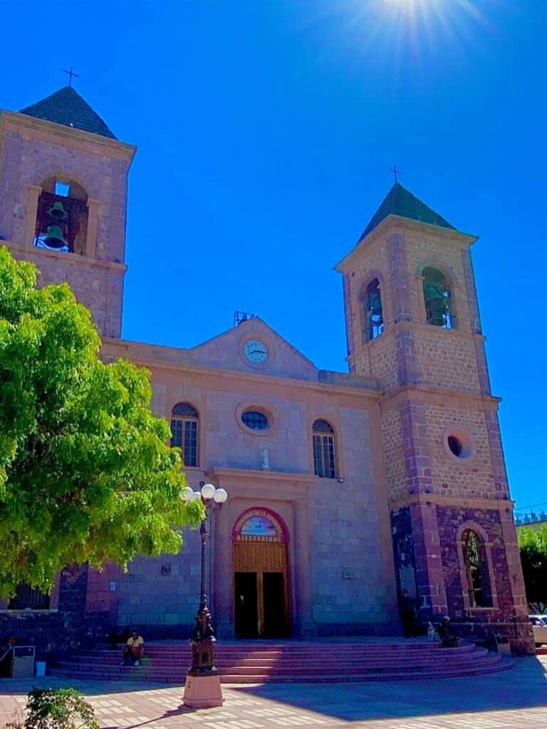 The twin-towered cathedral of La Paz behind the trees of the plaza