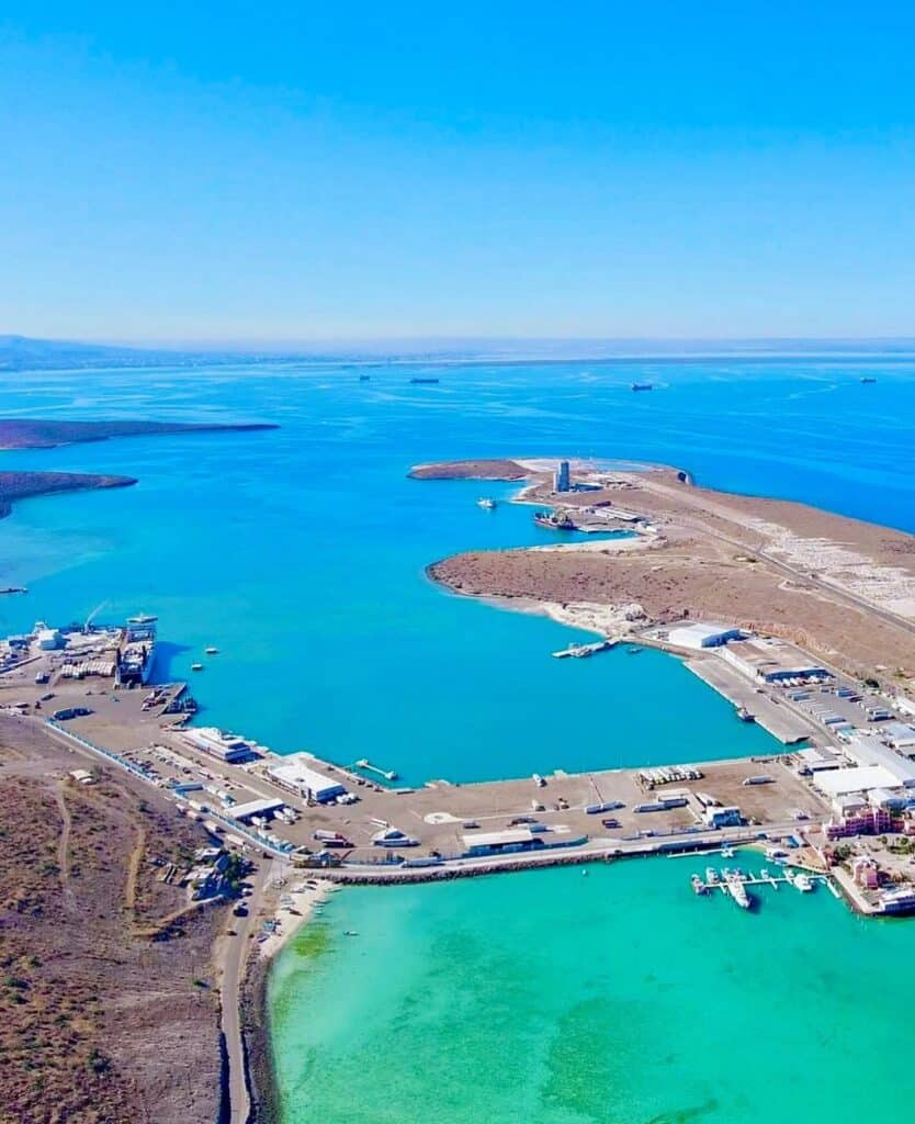 Aerial view of the Pichilingue ferry port and its turquoise water