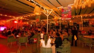 Diners at green wicker chairs under string lights and woven lamps in the Solarium at Mango Deck in the evening