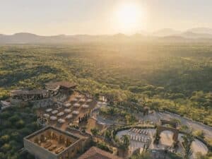 Aerial view of the Monte Cardón estate on its desert hilltop in the East Cape of Los Cabos at first light