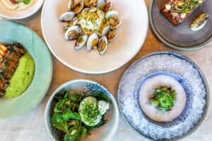 Palmerio dishes seen from above: pasta with clams, a crudo on ice, a burrata salad and prawns with a green herb foam