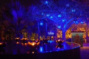 The Talay Thai Kitchen sign among trees lit in blue, with lotus-shaped candles floating on a round pool