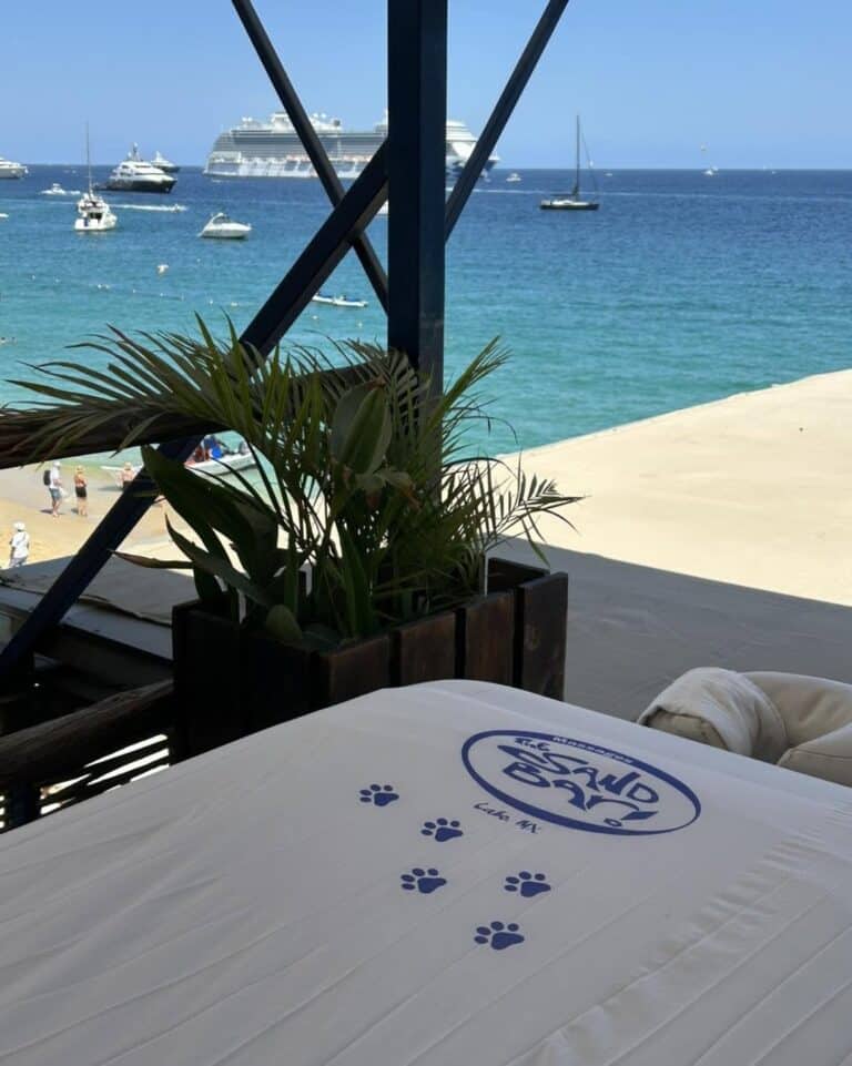 Massage table with The Sand Bar logo beside a planter, overlooking Médano Beach and anchored boats