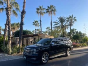 Black Moonline Cabo Chevrolet Suburban on a palm-lined residential street