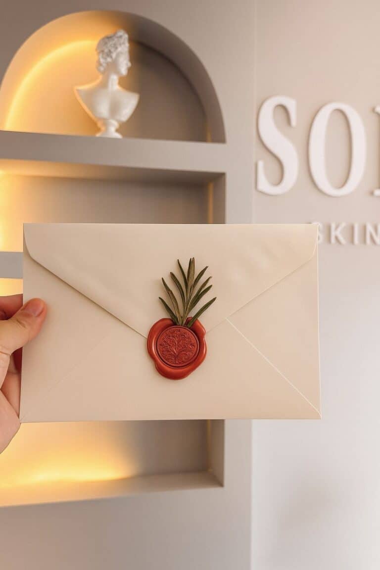 Sorelle Skin Care Studio gift card in a sealed envelope, held in front of the reception niche