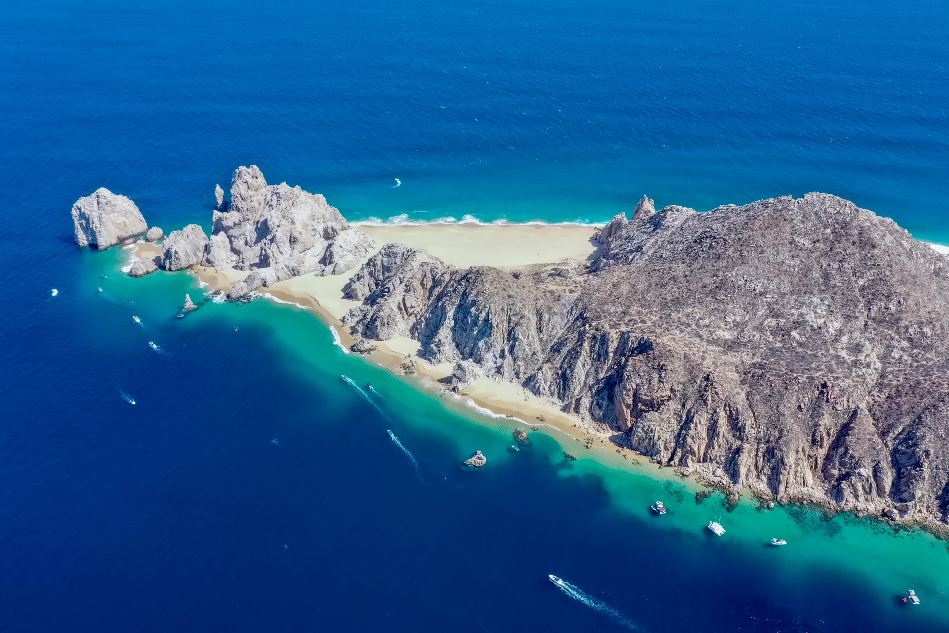 Land’s End, Lover’s Beach and Divorce Beach from the air, Cabo San Lucas