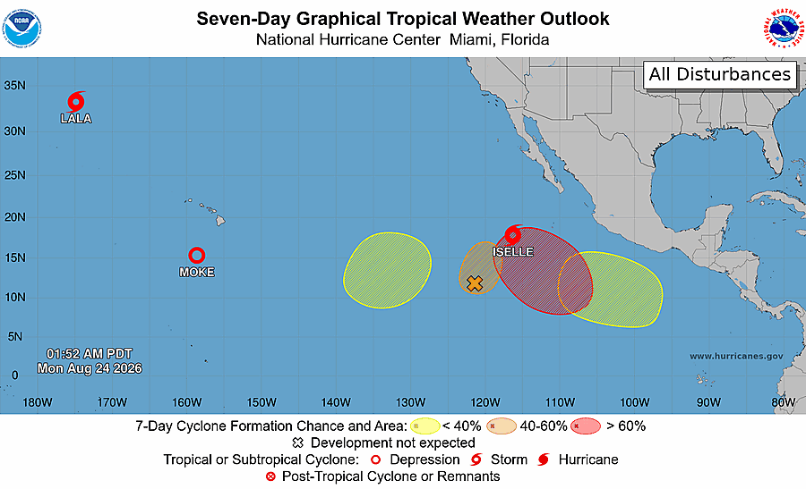 National Hurricane Center seven-day tropical weather outlook for the eastern Pacific, showing any areas being watched for development