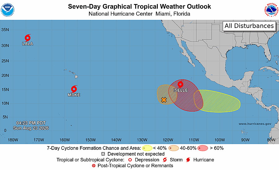 National Hurricane Center seven-day tropical weather outlook for the eastern Pacific, showing any areas being watched for development