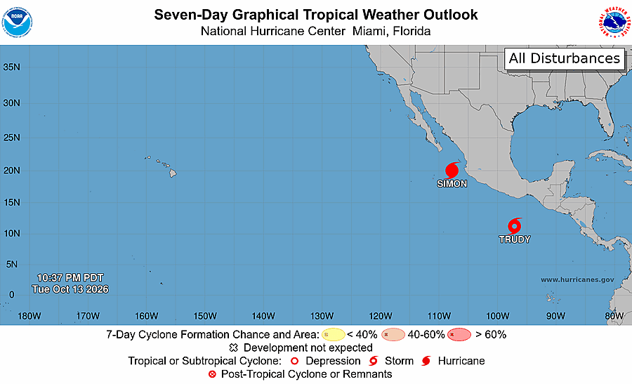 National Hurricane Center seven-day tropical weather outlook for the eastern Pacific, showing any areas being watched for development
