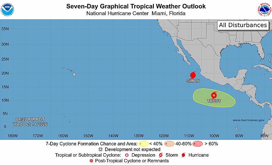 National Hurricane Center seven-day tropical weather outlook for the eastern Pacific, showing any areas being watched for development