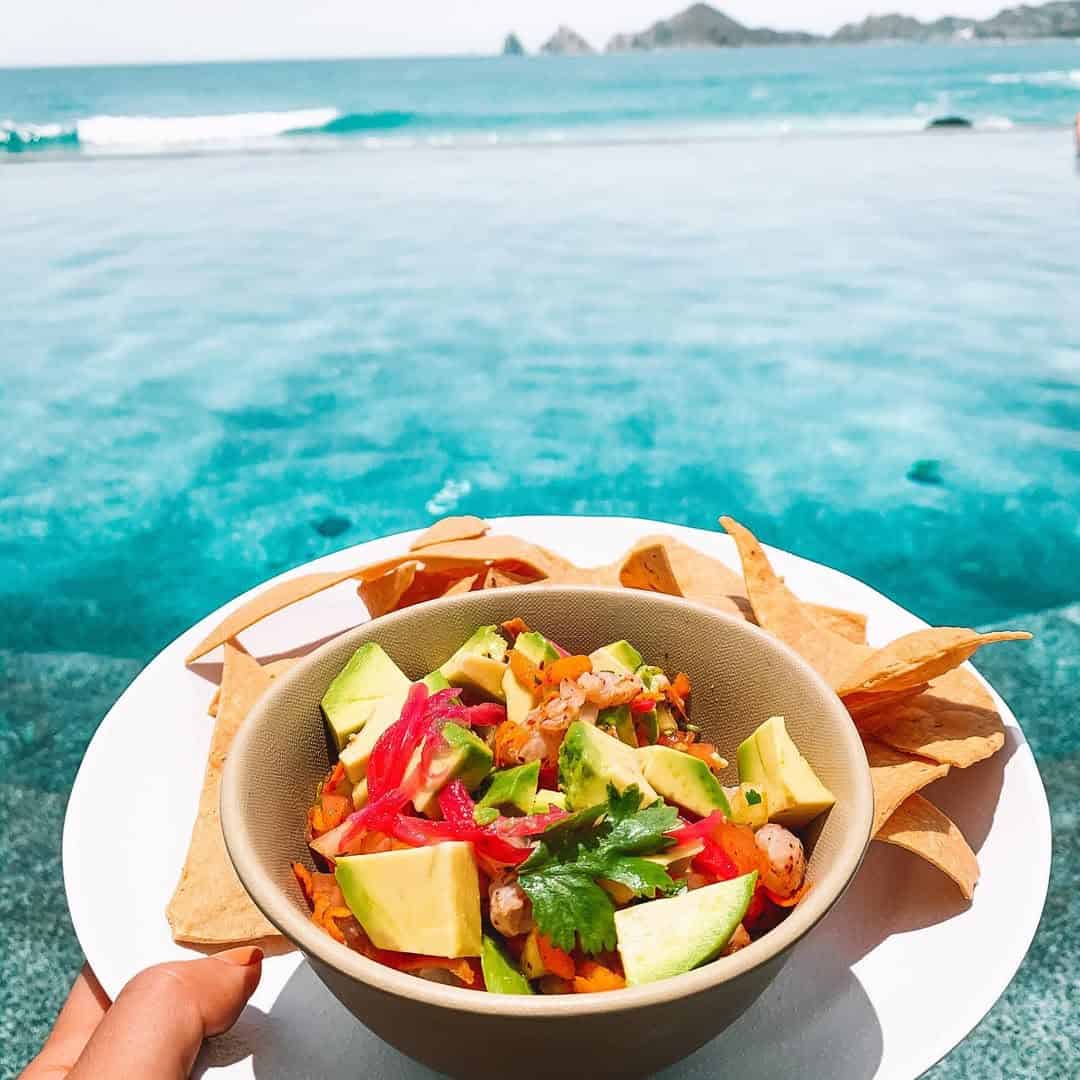 A bowl of ceviche and tortilla chips held beside a turquoise infinity pool.